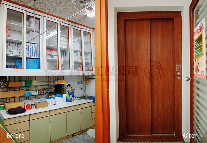 41/60 調劑室移駕後方,和點滴室整併。長期實際上用不到這麼大廁所,因此廁所順勢縮小。(翻修前後對照)