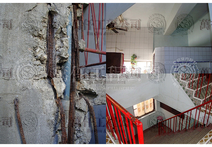 5/44 高雄.鼓山區(洪公館)04 二、三樓裂開的結構，樓梯間通常都是重結構的所在，而此屋二、三樓梯間的樑已有裂縫，長達二米。(真可怕)