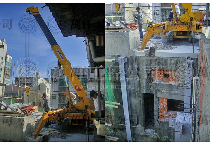 23/44 高雄.鼓山區(洪公館)22 一台吊車在下方，一台小吊車在頂樓等候接應，因後方的空地，因在四週都是高樓之中，所以雙吊車的方式進行吊料。